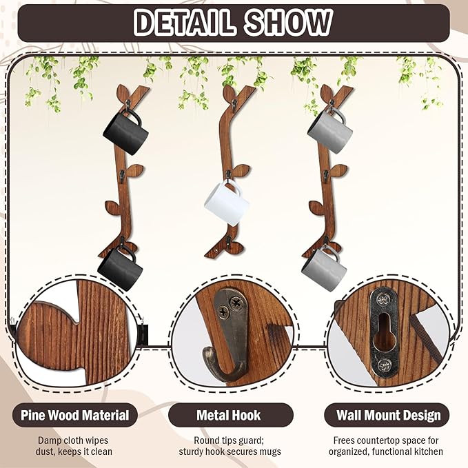 3 Pack Wood Coffee Mug Wall Rack with 9 Hooks Wall Mount Coffee Cup Holder Wooden Espresso Cup Holder Tree Brown Mug Stand Display Wall Mounted Cup Drying Rack for Kitchen Cafe