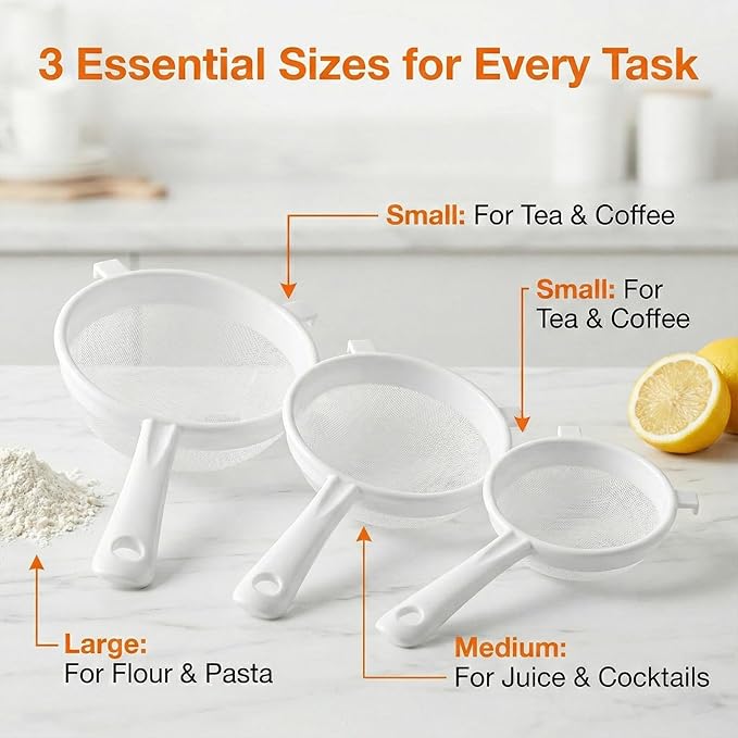 3 PCS Plastic Strainer with Handle Fine Mesh Strainer with Handle Nylon Mesh Strainers Colander Double Ear Fine Food Flour Sifter Food Yogurt Meshes Sieve for Baking Kitchen Colander Sifter Tea Juice