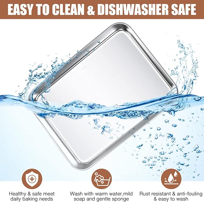 6 Pcs Baking Sheet Pan Set Stainless Steel Cookie Sheet Small Toaster Oven Pans Tray Barbecue Grill Pan Rectangle Trays Oven Freezer Bakery, Non-stick, Easy Clean, 9 x 6.7 x 1 Inches