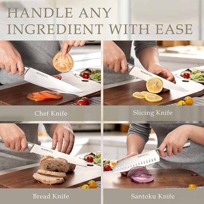 Astercook Knife Set, Kitchen Knives Set with Block and Sharpener Full Tang 15 Pcs Premium Stainless Steel Knives, Dishwasher Safe Knife Set with Anti-slip Ergonomic Handle, Walnut