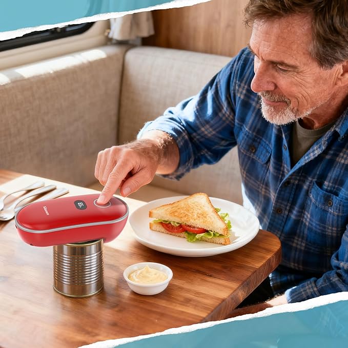Handsfree One-Touch Rechargeable Electric Can Opener Easy Flex Side Cut All Can Sizes with LED Display and Smooth Edge Safety for Arthritis & Seniors, Auto Kitchen Gadget (Red)