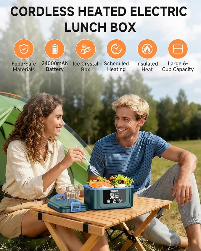 GEARGO 𝟔.𝟑 𝐂𝐮𝐩𝐬 Cordless Electric Lunch Box, 𝟐𝟒𝟎𝟎𝟎𝐦𝐀𝐡 Heated Lunch Box Battery Powered with Ice Crystal Box, 24 Hours Scheduled Rechargeable Heating Lunchbox for Adults Men Women