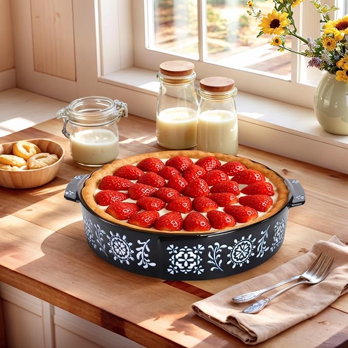 2 Pack Ceramic Baking Dish, 9 Inch Non-Stick Pie Pan with Double Handle, 44 Oz Deep and Fluted Pie Plate for Apple Pies, Quiche, Cake, Tart, Oven Microwave Dishwasher Safe, Red, Blue