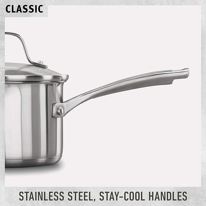Calphalon Classic Stainless Steel Sauce Pan, 3.5-Quart, Impact-Bonded Aluminum Base, Stay-Cool Handles