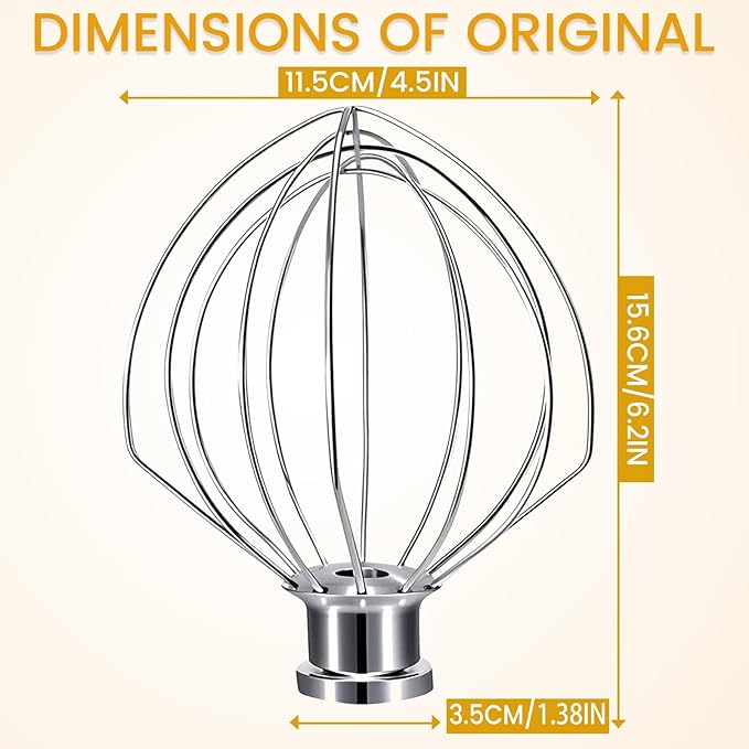 K45WW Whisk Attachment Fits KitchenAid, 6 Wire Whip for 4.5 5 Quart KitchenAid Tilt-Head Stand Mixer，Compatible with Kitchen Aid Accessories K45,K45SS,KSM75,KSM90,KSM110,KSM150, Handwash Only