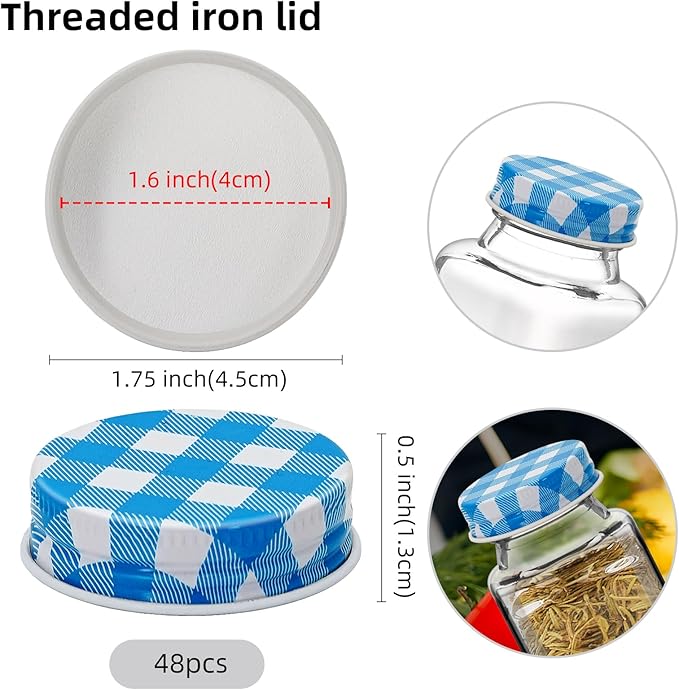 48 Pcs iron Jar Lids Lids for 4 oz and 6 oz Square Spice Jars Reusable Can Airtight Spice Storage Canning Lids for Nice Sealing Kitchen (Blue grid)