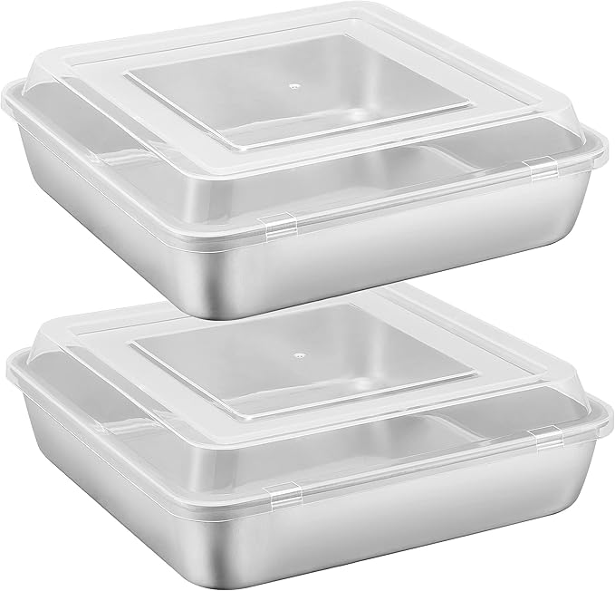 E-far 9 Inch Square Cake Pan with lid, 9x9 Baking Brownie Pans Stainless Steel Bakeware Set of 2, Non-toxic & Healthy, Easy Clean & Dishwasher Safe - 4 Pieces(2 Pans + 2 Lids)
