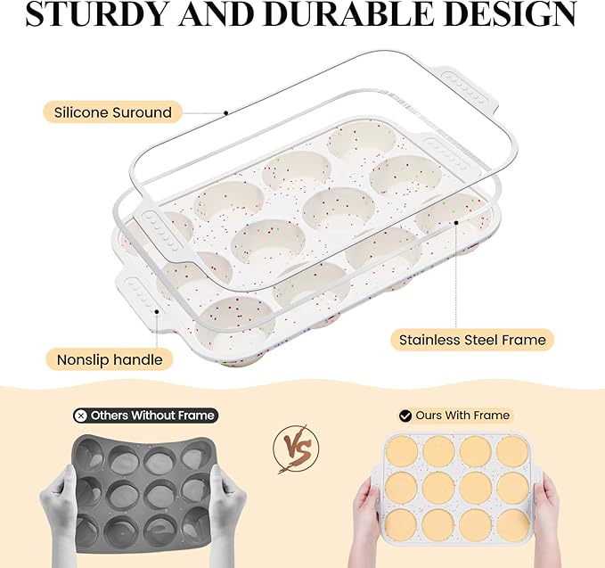 Vinino Silicone Muffin Pan for Baking with Metal Reinforced Frame, 12 Cups Regular Size Silicone Cupcake Pan with Non-Slip Handle, Nonstick Muffin Tray for Oven, BPA Free, Dishwasher Safe