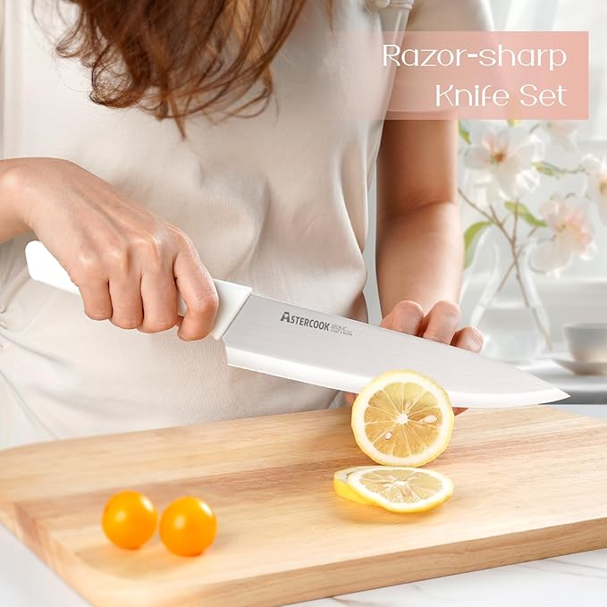 Astercook Knife Set for Kitchen 15 Piece with Block and Sharpener Kitchen Knives with Ceramic Coating Sharp Blade Dishwasher Safe Deba Knives with Anti-slip Ergonomic Handle, Elegant White