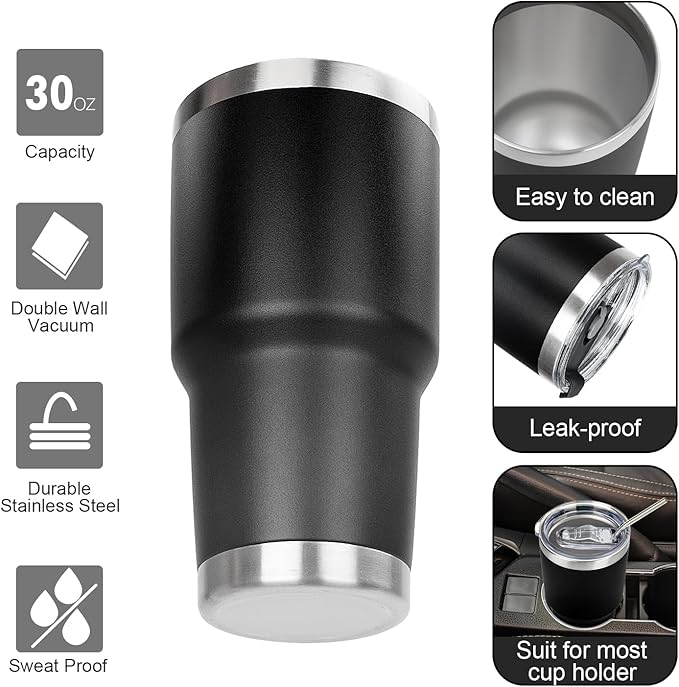 30 oz Tumbler with Lids and Straws Double Wall Vacuum Insulated Tumbler Cup,Stainless Steel Leak-proof Thermal Tumbler Powder Coated Travel Coffee Mug for Cold and Hot Drinks,Black
