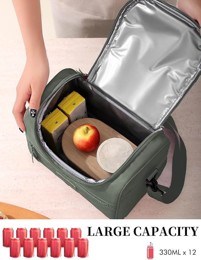 Lunch Bag for Women Men Adult Insulated Lunch Box, Leakproof Lunch Cooler Bag with Front Pocket & Adjustable Shoulder Strap, Reusable Large Lunch Tote Bag for Work Office Travel Picnic, Green