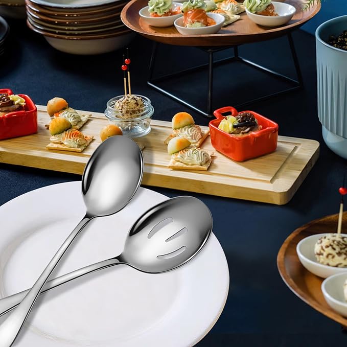 4 Piece Stainless Steel Serving Spoons Set, 10-Inch, Includes 2 Large, 2 Slotted, for Parties/Kitchen/Buffet/Catering, Dishwasher Safe
