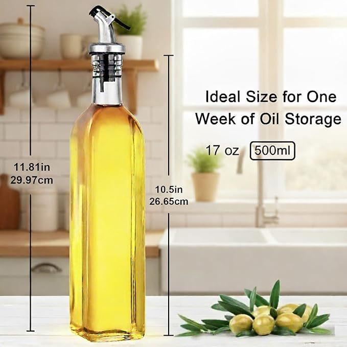 WERTIOO Olive Oil Dispenser Bottle, 17 OZ Glass Oil Dispenser for Kitchen with 1 Pourer,1 Stainless Steel Funnel & 1 Pen and 8 Label for Kitchen (500ml)