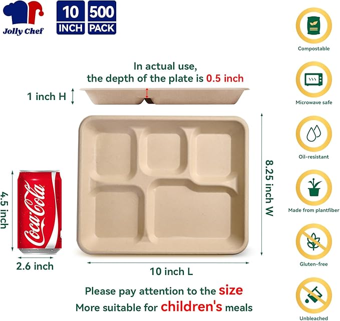 JOLLY CHEF Compostable 𝟱 Compartment Paper Plates 10 * 8.25 * 1 𝗶𝗻𝗰𝗵 [𝟱𝟬𝟬 𝗣𝗮𝗰𝗸] Small Heavy Duty Divided Disposable Eco-Friendly Biodegradable Food Trays for School Lunch Christmas(Brown)