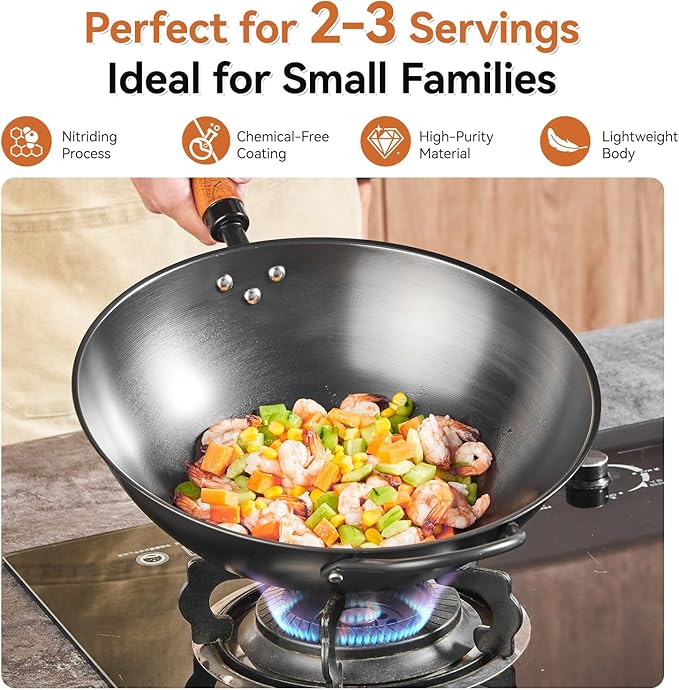 12.6 Inch Carbon Steel Wok with Lid, Flat Bottom Induction Wok Pan, Non-Coated Stir Fry Wok Skillet with Helper Handle, Gas Electric Ceramic Halogen Compatible, Includes Iron Wok Spatula