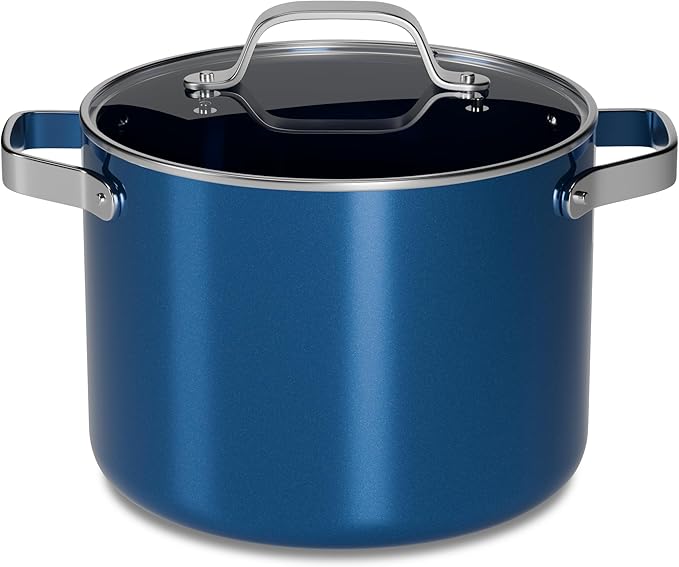 Bakken 8.5 Quart Ceramic Coated Stock Pot with Lid, Easy Clean Nonstick Pot, Tempered Glass Lid, Riveted Stainless Steel Handles, Oven Safe Up To 500°F, PTFE & PFAS Free, All Stove Compatible, Blue