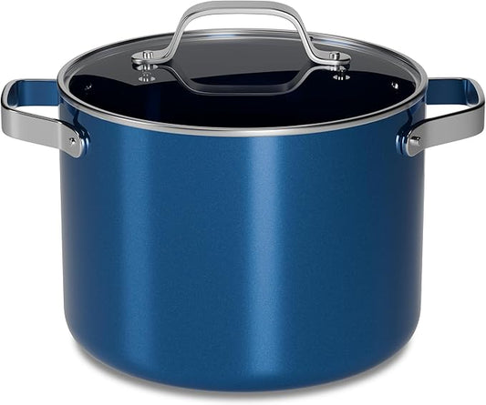 Bakken 8.5 Quart Ceramic Coated Stock Pot with Lid, Easy Clean Nonstick Pot, Tempered Glass Lid, Riveted Stainless Steel Handles, Oven Safe Up To 500°F, PTFE & PFAS Free, All Stove Compatible, Blue