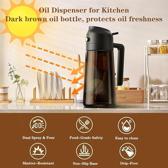 2 in 1 Oil Sprayer for Cooking, 16oz Olive Oil Dispenser Bottle for Kitchen, Food Grade Light-Blocking Leak Proof Glass Spray Bottle for Salad, Air Fryer, BBQ