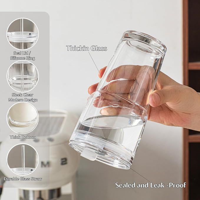 INSETLAN 20oz Clear Glass Cup with Lid and Glass Straw, Set of 6 Thickened Glass Coffee Tumblers, Drinking Glasses with Straw for Smoothie, Tea, Milk, Whiskey, Water and More – Elegant & Durable