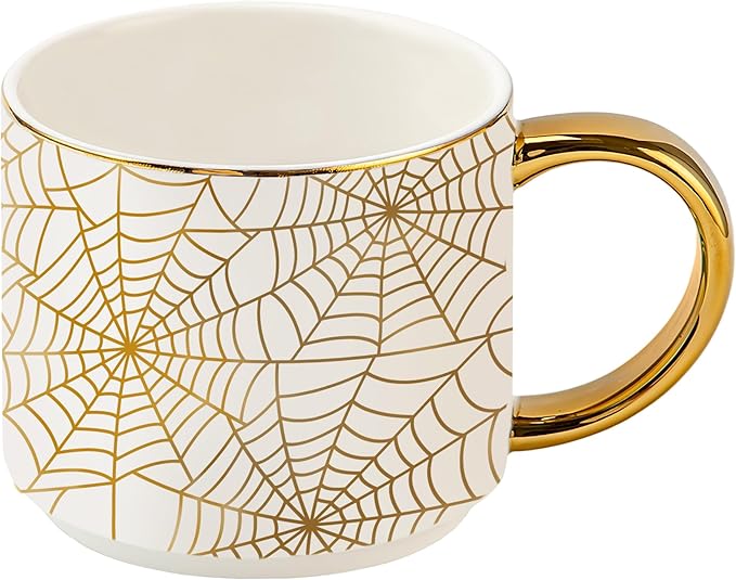 Sweet Water Decor Gold Spiderwebs Mug, 14oz Fine Bone China Coffee Cup with Gold Handle, Cute Halloween Decorations for Home, Spider Web Mug Fall Seasonal Decor, Spooky Season Gifts for Women
