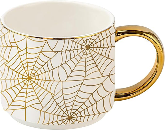 Sweet Water Decor Gold Spiderwebs Mug, 14oz Fine Bone China Coffee Cup with Gold Handle, Cute Halloween Decorations for Home, Spider Web Mug Fall Seasonal Decor, Spooky Season Gifts for Women