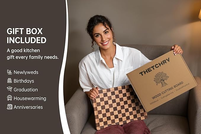 End Grain Cutting Boards for Kitchen, Wooden Cutting board, Acacia Wood Chopping Board with Juice Groove & Handle, Butcher Block for Meat, Bread & Fruit, 14"L x 11"W x 0.8"Th