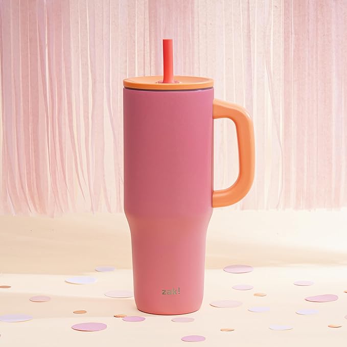 Zak Designs Sutton Travel Tumbler for On the Go, 40oz Stainless Steel with Vacuum Insulation, Silicone Straw, and Carry Handle for Cold Drinks (So Sweet Pink)