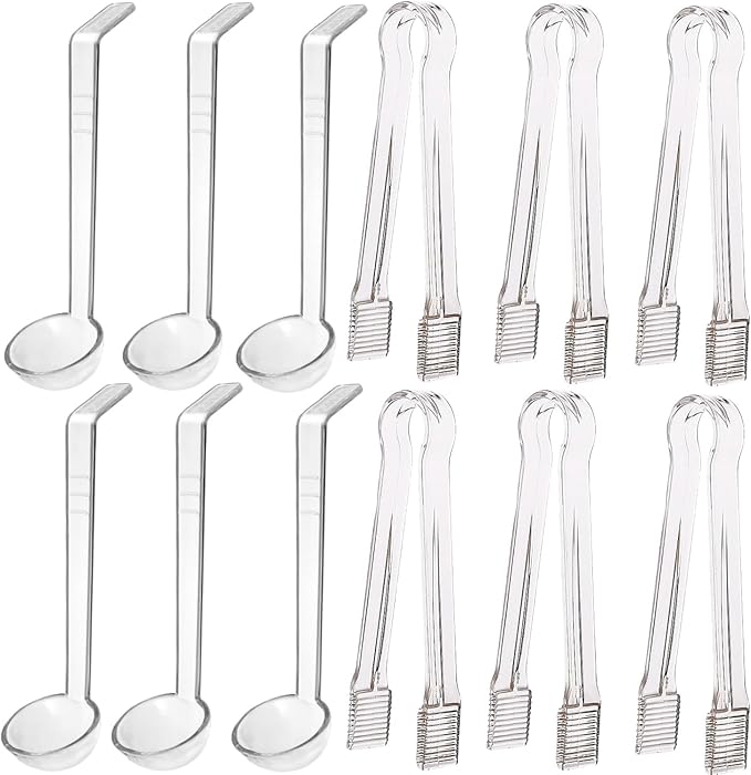 12 pieces 1 oz ladle Set Including 6 Pcs clear small gravy ladle and 6 Pcs Clear Plastic Tongs for Cocktail Whiskey Tea Party Candy Dessert Buffet