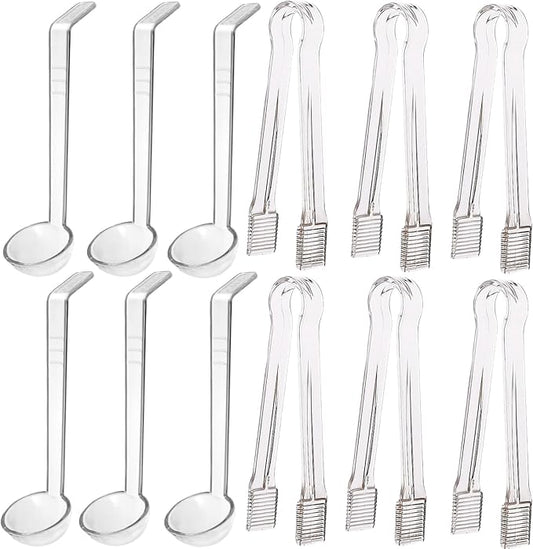 12 pieces 1 oz ladle Set Including 6 Pcs clear small gravy ladle and 6 Pcs Clear Plastic Tongs for Cocktail Whiskey Tea Party Candy Dessert Buffet