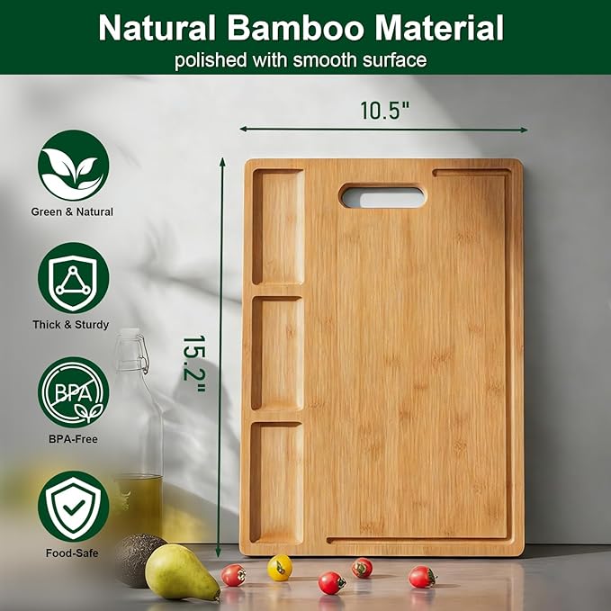 Bamboo Cutting Boards for Kitchen with 3 Compartments & Juice Grooves, Double-Sided Chopping Board with Handle, Kitchen Gifts, Wood Cutting Boards for Meats Vegetable Fruits (15.2x10.5x0.6'')