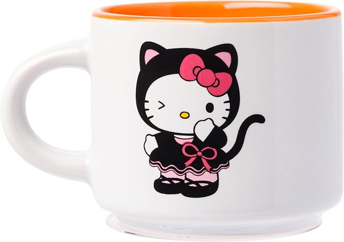 Silver Buffalo Sanrio Hello Kitty Halloween Themed 4 pack Ceramic Espresso Set with Storage Rack, 3 Ounces