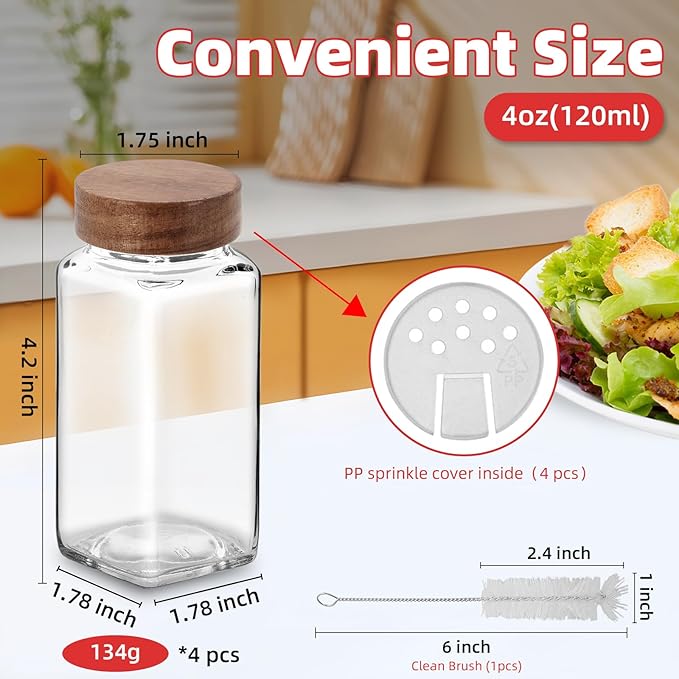 4Pcs 4oz Glass Spice Jars with Shaker Lids, Spice Jars Trial Set & Supplement Set, Empty Spice Containers and Square Spice Bottles for Kitchen (Wooden Lids)