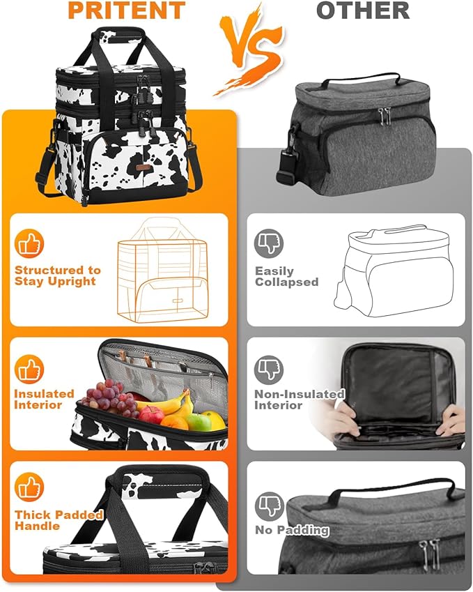 Lunch Box For Men Women Double Deck Insulated Lunch Bag For Men Woman Leakproof Expandable Cooler Bag with Adjustable Shoulder Strap for Kids Shool Work Picnic Camping(Cow Print,Large)