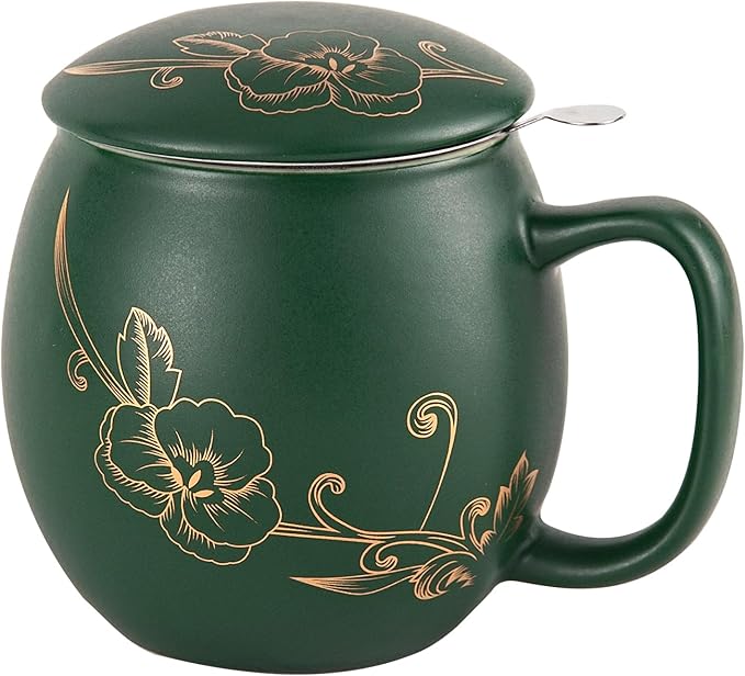 Yundu 12 OZ Ceramic Mug with Lid & Tea Strainer - Matte Green Tea Cup with Golden Flower, Stainless Steel Infuser for Loose Leaf Tea