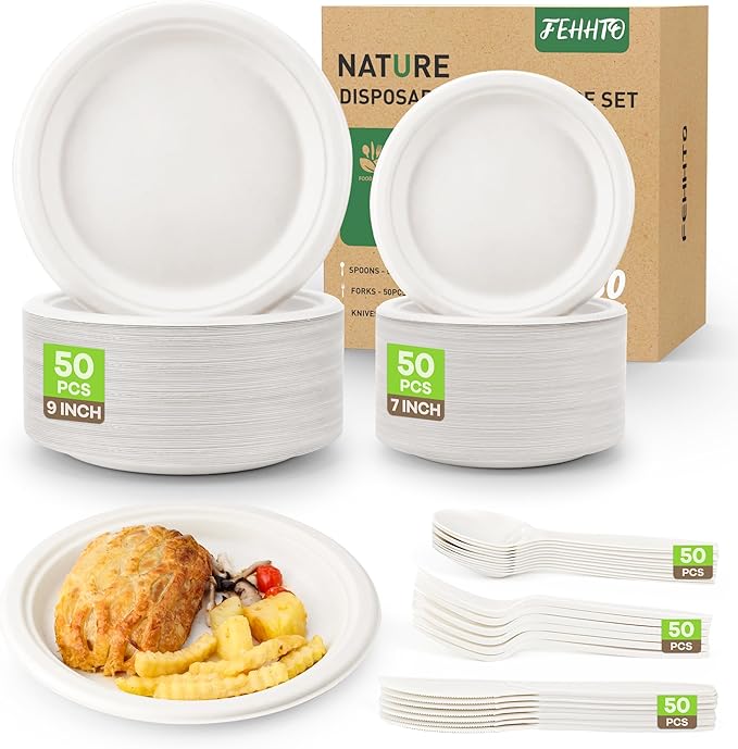 250PCS Disposable Paper Plates Set and Utensils, Compostable Dinnerware 9 and 7inch Plates, Biodegradable Paper Plates, Forks, Knives and Spoons for Party 50 People