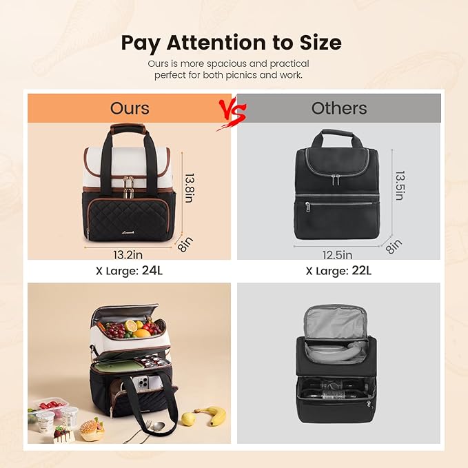 LOVEVOOK Insulated Lunch Bag For Women,X Large Double Deck Adult Lunch Box,Teacher Lunch Tote Bag With Cup Holder,Leakproof Cooler Bag With Adjustable Shoulder Strap For Work Picnic Beach,Larger 24L