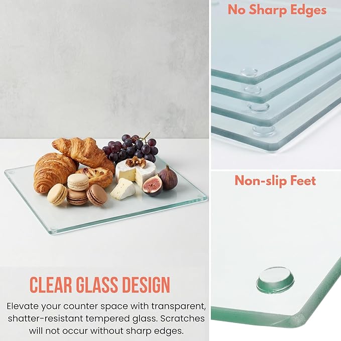 Hacaroa 4 Pack Tempered Glass Cutting Board with Rubber Feet, Rectangle Non-slip Chopping Board, Long Lasting Clear Glass Tray for Kitchen Countertop, Table, Shatter-Resistant, Heat-Resistant, 2 Size