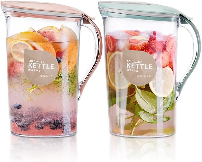 Coloch 2 Pack 2 Quart Plastic Water Pitcher with Flip Top Spout Lid, Clear Slim Water Container for Fridge Door Juice Pitcher with Scale Line for Tea, Lemonade, Handmade Drinks, Blue and Pink