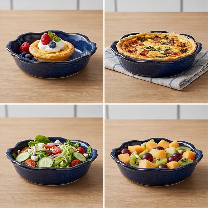 Peohud 6 Pack Ceramic Mini Pie Pans, 6 Inch Small Blue Pie Plate, 12 Oz Individual Pie Dish, Round Pot Pie Baking Dishes with Ruffled Edge for Dessert, Apple Pie, Microwave, Oven Safe