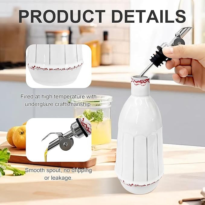 Ceramic Olive Oil Dispenser Bottle, 18oz Opaque Kitchen Oil Bottle with Automatic Stainless Steel Pourer Spout, for Premium Olive Oil, Vinegar, Soy Sauce & Liquids, Single Bottle (1 Piece)