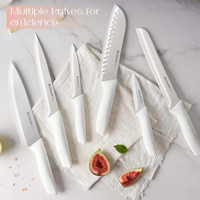 Astercook Knife Set for Kitchen 15 Piece with Block and Sharpener Kitchen Knives with Ceramic Coating Sharp Blade Dishwasher Safe Deba Knives with Anti-slip Ergonomic Handle, Elegant White