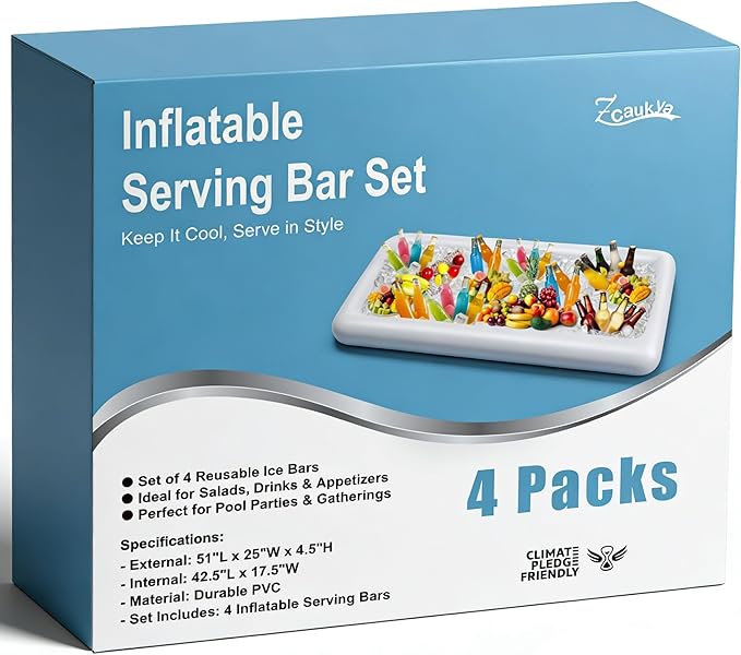 Zcaukya 4 Packs Inflatable Serving Bar, Ice Serving Buffet Salad Cooler, Salad Serving Trays Sets for Summer Swimming Pool Parties, Family Gatherings & More
