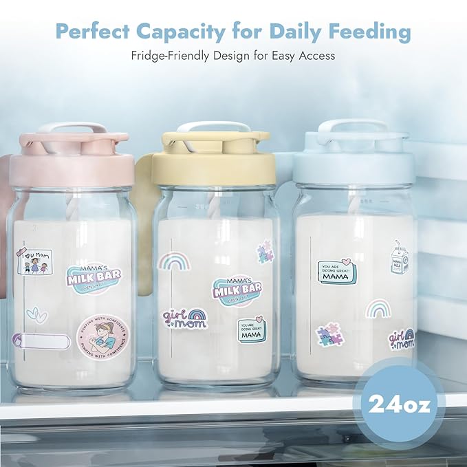 Papablic Breast Milk Pitcher – Baby-Safe Glass Formula Mixer with Easy-Blend Handle Lid, Wide-Mouth Mason Jar, Leakproof Flip-Lock Spout, BPA-Free, Gift for New Moms, Blue