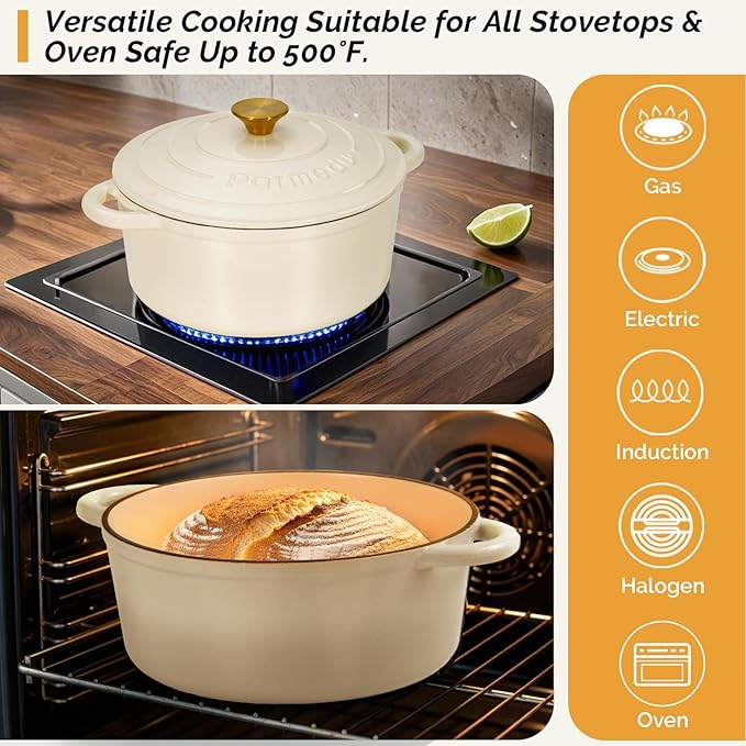 Parmedu 5.5QT Enameled Cast Iron Dutch Oven with Lid, Cream White Heavy Duty Pot for Sourdough, Bread Baking, Soup, Stews & Roasting with Recipe, Heat-Resistant Grips, Potholder, Cleaning Sponge