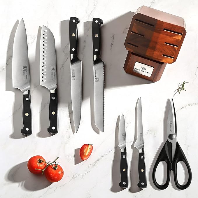 KEEMAKE Kitchen Knife Set with Block, 8Pcs Razor Sharp Chef Knife Set, High Carbon Stainless Steel Knife Block Set with Kitchen Scissors, Cooking Knives for Meat Vegetable Fruit