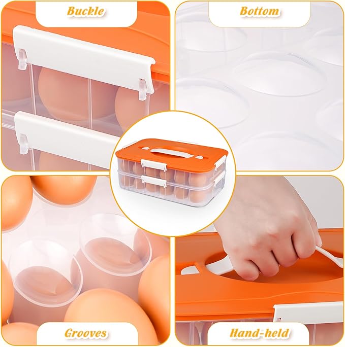 2-Layer Deviled Egg Container With Lid, 36 Slots Egg Tray Carrier With Handle and Injector Piping Tool, Portable Storage Platter for Party Picnic Travel (Orange)