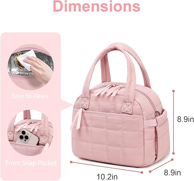 LEDAOU Lunch Box for Women Lunch bag Quilted Puffer Lunch Box with Adjustable Strap Insulated Reusable LunchBox for Work School Picnic Travel (Pink)