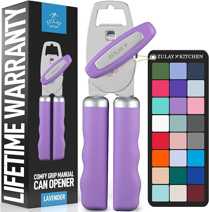 Zulay Kitchen Heavy Duty Stainless Steel Can Opener Manual with Bottle Opener - Rust Proof Manual Can Opener With Turn Knob & Comfy Soft Grip Handles - Lavender