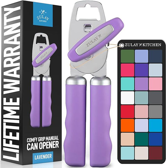 Zulay Kitchen Heavy Duty Stainless Steel Can Opener Manual with Bottle Opener - Rust Proof Manual Can Opener With Turn Knob & Comfy Soft Grip Handles - Lavender