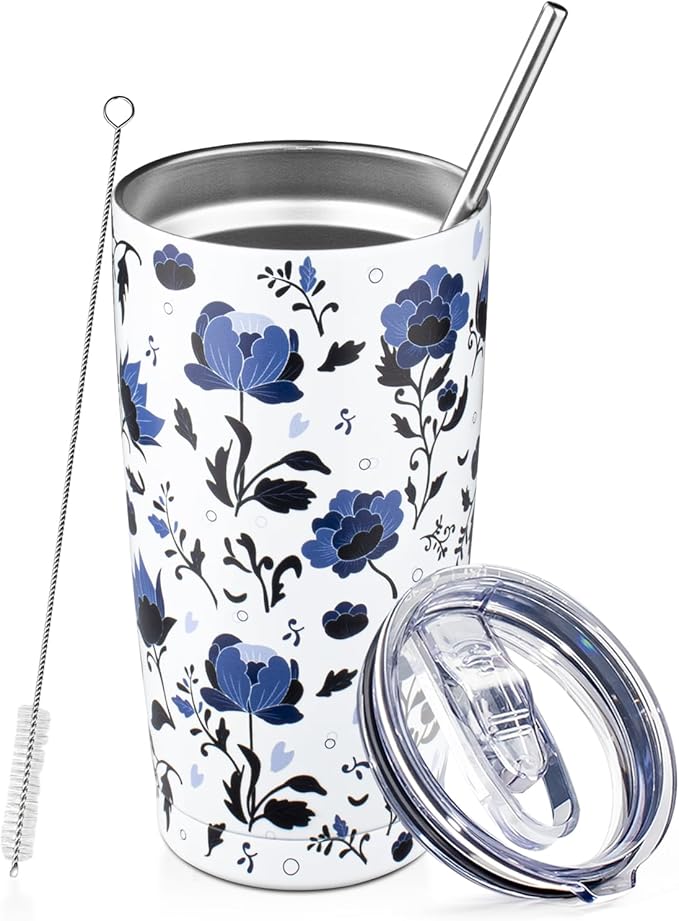 20oz Tumbler with Lid and Straw Double Wall Powder Coated Vacuum Insulated Coffee Tumbler Stainless Steel Travel Coffee Mug Spill-Proof Thermal Cup for Hot and Cold Beverage,Blue and White Porcelain